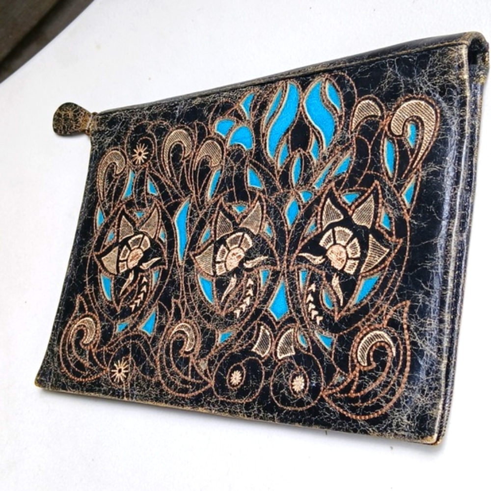 Chique Brand Large Soft Distressed Tooled Leather Clutch/Wallet Turquoise Detail